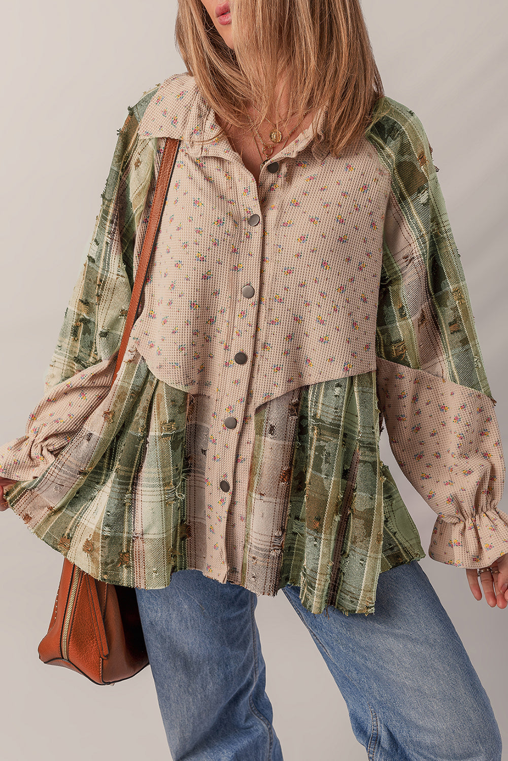 Mist Green Boho Floral Plaid Patchwork Distressed Detail Ruffled Sleeve Waffle Knit Shacket Dear-Lover Dropshipping